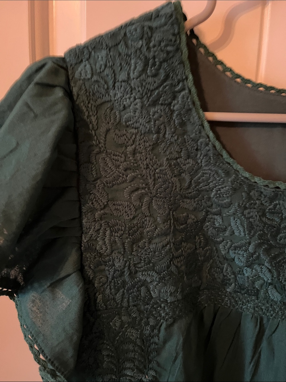 Forest Green Tiered Mini Dress with Embroidered Yoke - Picture 3 of 4